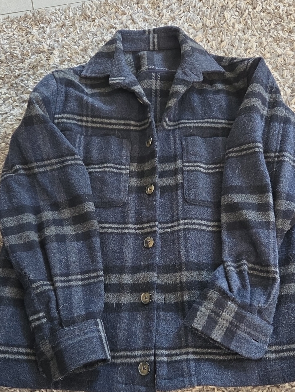 Zara Navy & Gray Plaid Teddy Jacket
